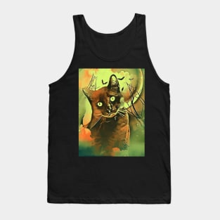 Halloween Spooky Black Cat Surrounded by Dead Trees, Bats and Large Moon Tank Top